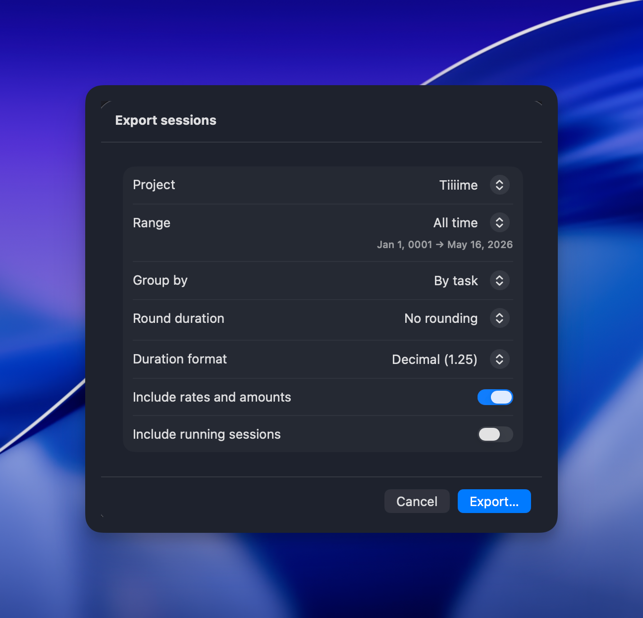 Export sessions dialog